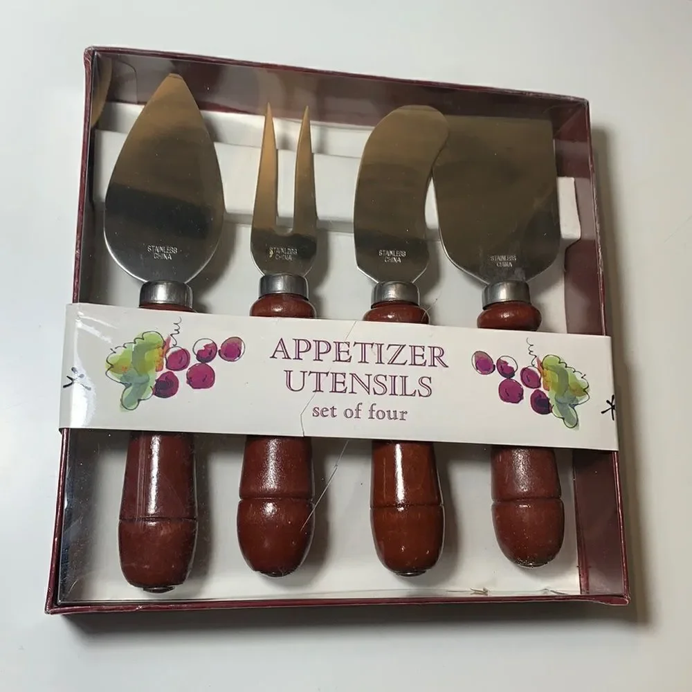 Appetizer Utensils Cheese Server Slicer Wooden Handles Set Of 4 Brown Silver